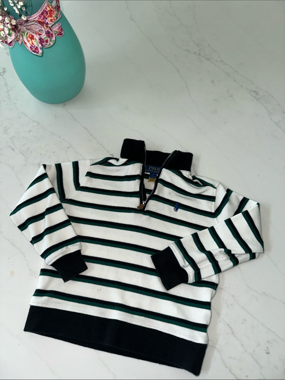 Boys youth Polo by Ralph Lauren White, Green & Black Striped Quarter-Zip Sweater